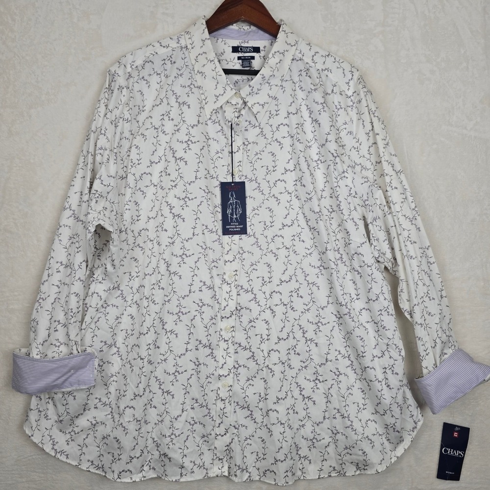 Chaps Womens 3X No Iron Floral Button Down Shirt White Purple Slimming Fit NEW